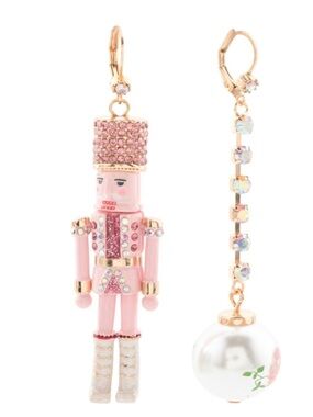 Betsey Johnson Pink Nutcracker MisMatched Earrings With Crystals & Pearl